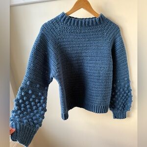 Handmade Chunky Crochet Sweater Bobbles Textured Blue Soft Cozy Feminine M